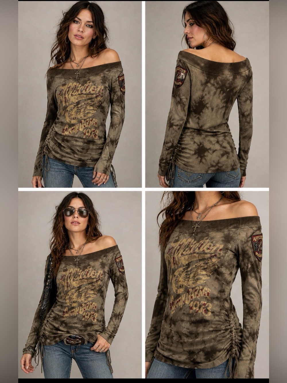 Y2K VTG Affliction Tie Dye Lace Up Top Grunge Ed Hardy Style Distressed Graphic